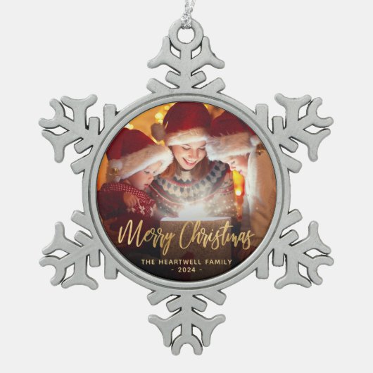Frohe Weihnachtsfamilie Foto Elegante Goldene Schr Schneeflocken Zinn-Ornament (Vorderseite)