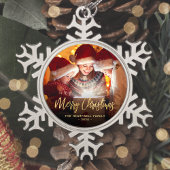Frohe Weihnachtsfamilie Foto Elegante Goldene Schr Schneeflocken Zinn-Ornament