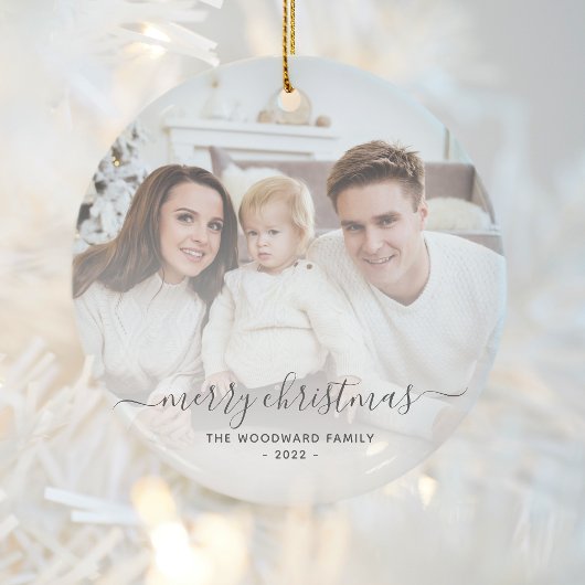 Frohe Weihnachtsfamilie Foto Grau Script Keramik Ornament