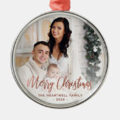 Frohe Weihnachtsfamilie Foto Rose Gold Script Ornament Aus Metall (Vorne)