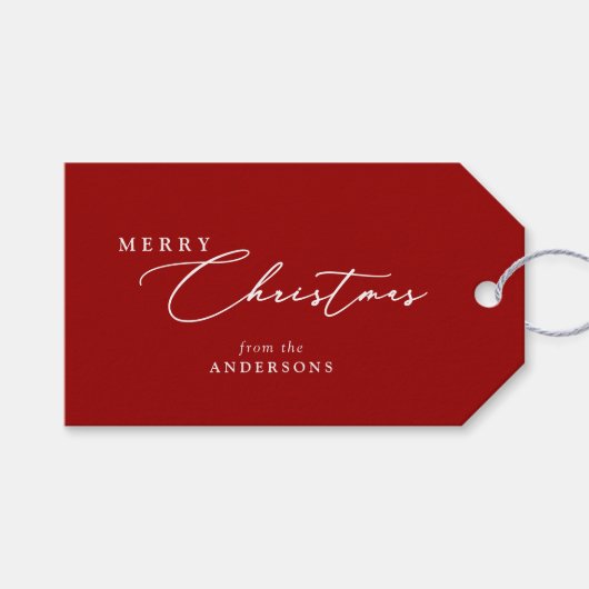 Frohe Weihnachtsfamilie Name Elegant Script Minima Geschenkanhänger (Vorderseite (Horizontal))