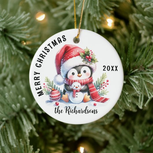 Frohe Weihnachtsfamilie Name Niedlich Pinguin Keramik Ornament (Baum)