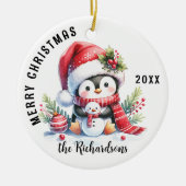 Frohe Weihnachtsfamilie Name Niedlich Pinguin Keramik Ornament (Vorne)