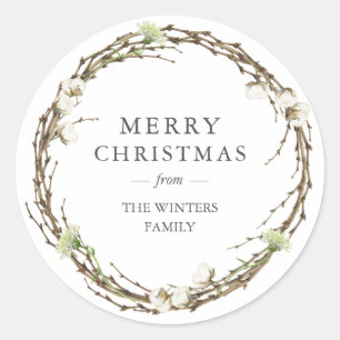 Frohe Weihnachtsfamilie Name Winter Greenery Runder Aufkleber