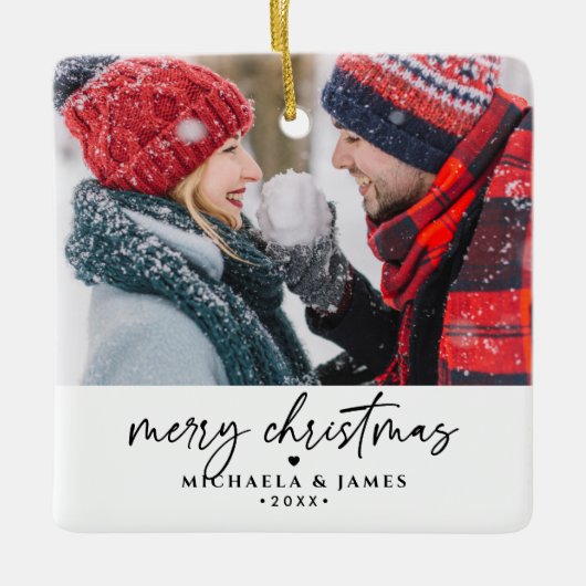 Frohe Weihnachtsfamilie/Paare-Namen 2-Foto Keramikornament (Vorderseite)