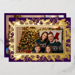Frohe Weihnachtsfamilie Portrait Lila Gold Folien Feiertagskarte