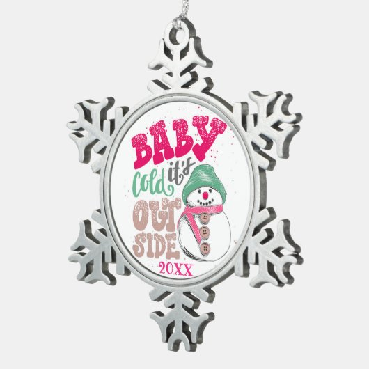 Frohe Weihnachtsfamilie und erste Schneeflocken Zinn-Ornament (Rechts)