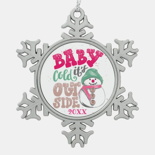 Frohe Weihnachtsfamilie und erste Schneeflocken Zinn-Ornament (Vorderseite)