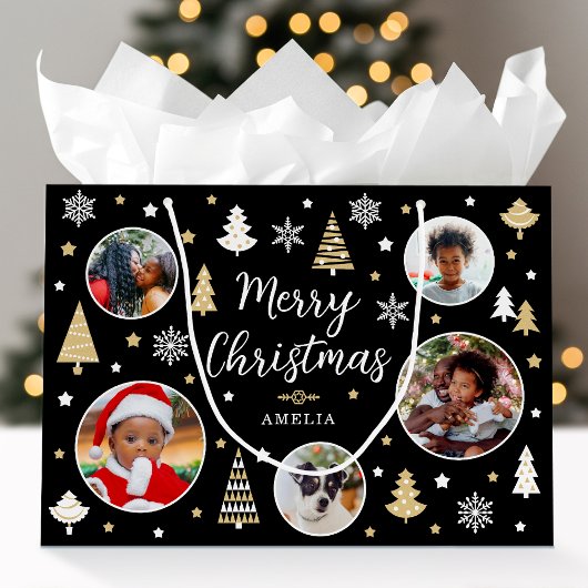 Frohe Weihnachtsfeier Bäume Foto Name Black Große Geschenktüte
