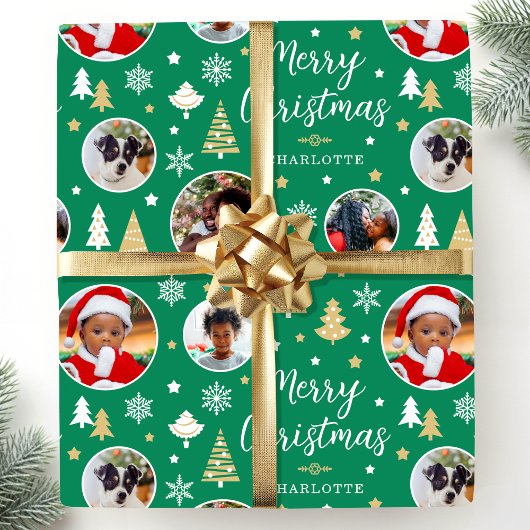 Frohe Weihnachtsfeier Bäume Foto Name Mid Green Geschenkpapier