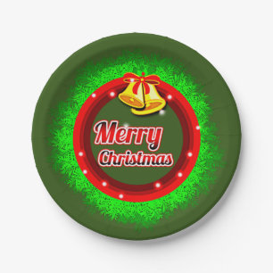 Frohe Weihnachtsfeier Gold Bell Red Green 7" Pappteller