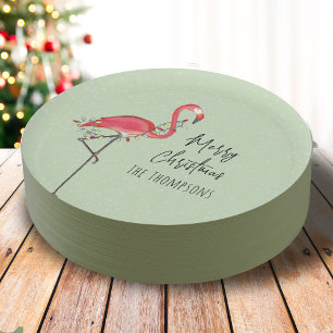 Frohe Weihnachtsfeier Lichter Rosa Flamingo Pappteller