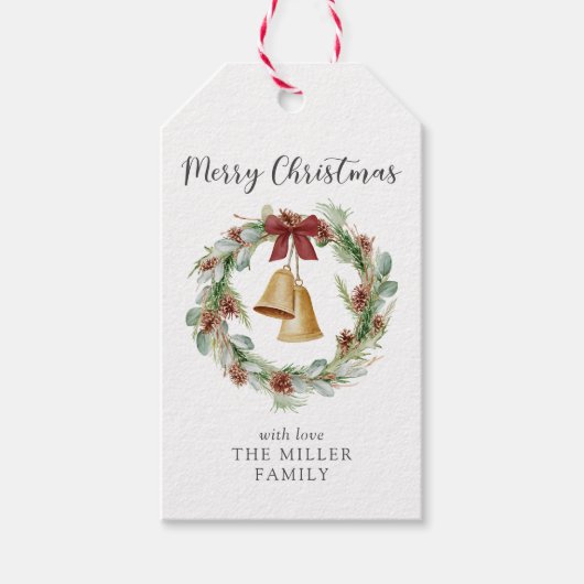 Frohe Weihnachtsfeier mit goldenen Glocken Geschenkanhänger (Vorderseite)