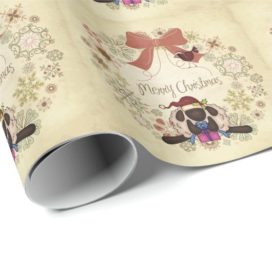 Frohe Weihnachtsfeier mit Weihnachtsschaf und Voge Geschenkpapier (Rolleneckpunkt)