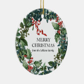 Frohe Weihnachtsfeier Personalisiert Red Bow Green Keramik Ornament (Rechts)