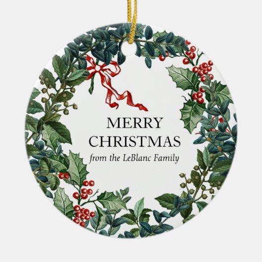 Frohe Weihnachtsfeier Personalisiert Red Bow Green Keramik Ornament (Vorne)