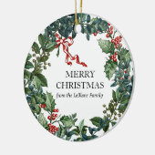 Frohe Weihnachtsfeier Personalisiert Red Bow Green Keramik Ornament (Links)