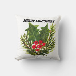 Frohe Weihnachtsfeier Pine Holly Watercolor Kissen