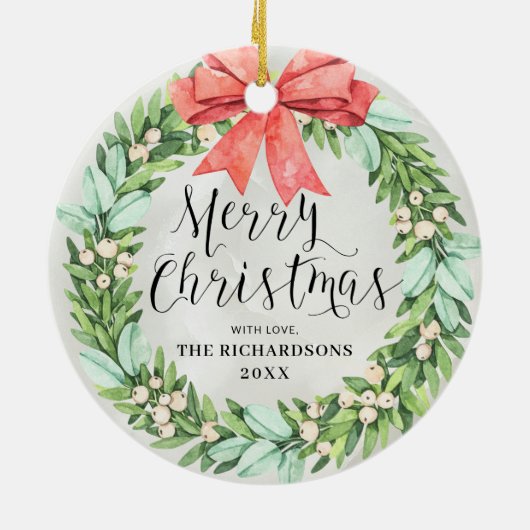 Frohe Weihnachtsfeier Red Bow Familienname Elegant Keramik Ornament (Hinten)