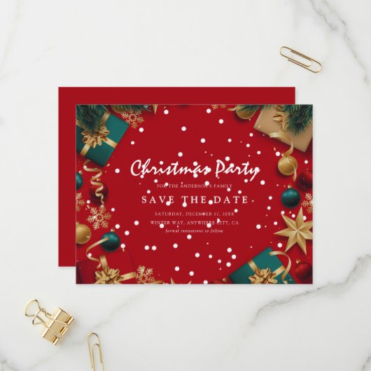 Frohe Weihnachtsfeier Save the Date Einladungspostkarte (Vorderseite/Rückseite Beispiel)