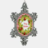 Frohe Weihnachtsfeier & Streifen Schneeflocken Zinn-Ornament (Links)