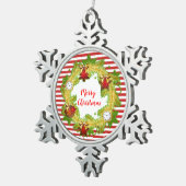 Frohe Weihnachtsfeier & Streifen Schneeflocken Zinn-Ornament (Rechts)