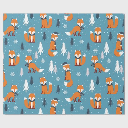 Frohe Weihnachtsfeier Tree Snow Fox White Blue Geschenkpapier (Flach)