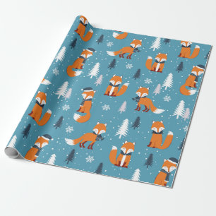 Frohe Weihnachtsfeier Tree Snow Fox White Blue  Geschenkpapier