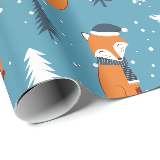 Frohe Weihnachtsfeier Tree Snow Fox White Blue Geschenkpapier (Rolleneckpunkt)