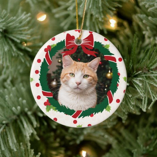 Frohe Weihnachtsfeier und Holly Custom Pet Foto Keramik Ornament (Baum)
