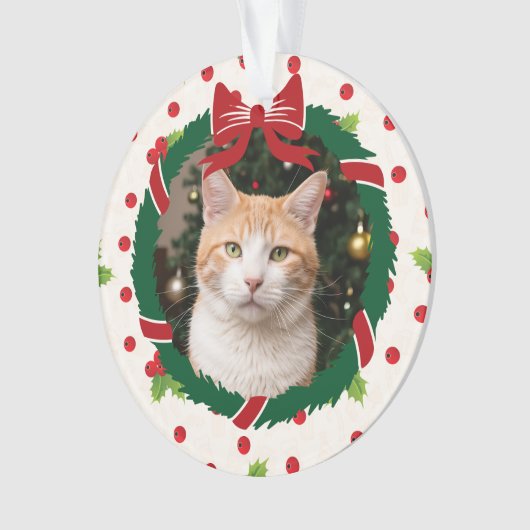 Frohe Weihnachtsfeier und Holly Custom Pet Foto Ornament (Vorderseite)