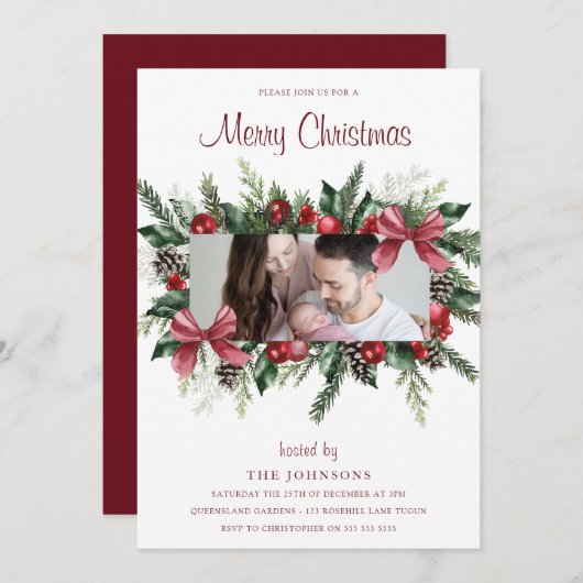 Frohe Weihnachtsfeiertag Wreath Foto Party Einladung (Vorne/Hinten)