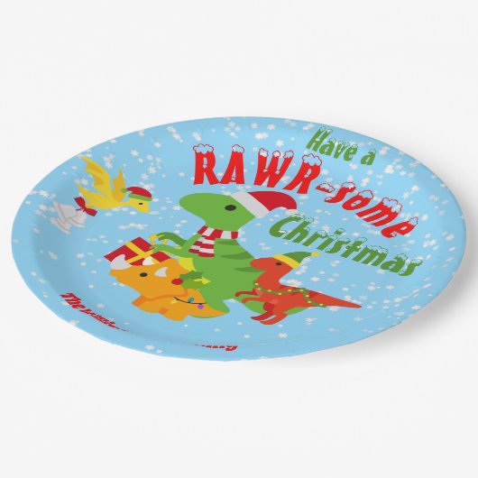 Frohe Weihnachtsfeiertage Dinosaurier Pappteller (Schrägansicht)
