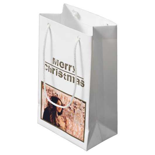 Frohe Weihnachtsfeiertage Foto Kleine Geschenktüte (Vorderseite Schrägansicht)