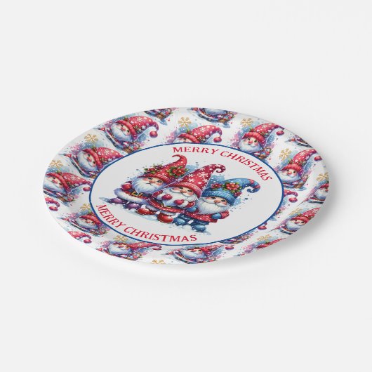 Frohe Weihnachtsfeiertage Gnomes Pappteller (Schrägansicht)