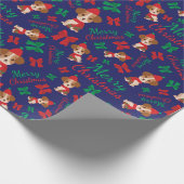 Frohe Weihnachtsferien Welpen Dunkelblau nahtlos Geschenkpapier (Ecke)