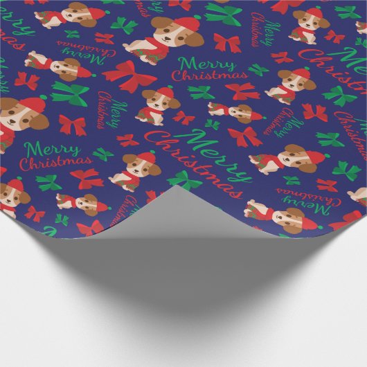 Frohe Weihnachtsferien Welpen Dunkelblau nahtlos Geschenkpapier (Ecke)