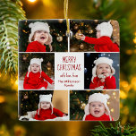 Frohe Weihnachtsfoto Collage Niedlich Custom 2 Sid Keramikornament<br><div class="desc">Dieses niedliche,  moderne Weihnachtsschmuck besticht durch eine elegante Anordnung von 6 Fotos aus der Familie auf weißem Hintergrund mit hübscher rot-grüner Typografie. Dieses wunderschöne Kinderhotel mit Foto-Dekor und eigenem Kinderfoto-Collage umgibt Ihre festliche Botschaft und den Familiennamen in Rot. Fügen Sie ein vollständiges Bild auf der Rückseite hinzu.</div>