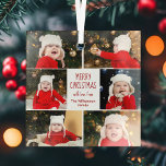 Frohe Weihnachtsfoto Collage Niedlich Personalisie Ornament Aus Glas<br><div class="desc">Dieses niedliche,  moderne Weihnachtsschmuck besticht durch eine elegante Anordnung von 6 Fotos aus der Familie auf weißem Hintergrund mit hübscher rot-grüner Typografie. Dieses wunderschöne Kinderhotel mit Foto-Dekor und eigenem Kinderfoto-Collage umgibt Ihre festliche Botschaft und den Familiennamen in Rot.</div>