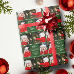 Frohe Weihnachtsfoto Collage Personalisiert Green Geschenkpapier<br><div class="desc">Dieses niedliche,  moderne Weihnachtsverpackungspapier zeichnet sich durch ein elegantes Layout von 4 Fotos aus,  die auf einem grünen Hintergrund mit hübscher Weißtypografie und festlichen Streifen stehen. Dieses wunderschöne Foto-Geschenkpacker für Kinder zeigt die Fotocollage Ihres eigenen Kindes,  die Ihre Nachricht und Ihren Familiennamen umgibt.</div>