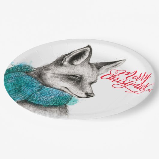 Frohe Weihnachtsfox Zeichnend Pappteller (Schrägansicht)