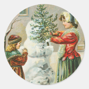 Frohe Weihnachtsfrau, Kind und Schneemann Runder Aufkleber