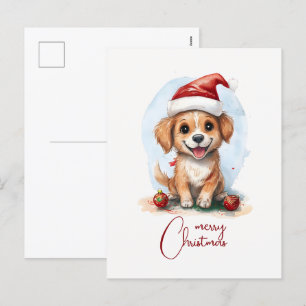 Frohe Weihnachtsfrau mit Weihnachtsmannmütze und O Feiertagspostkarte
