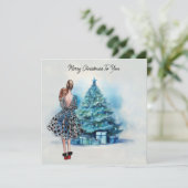 Frohe Weihnachtsfrau und blauer Weihnachtsbaum Karte (Stehend Vorderseite)