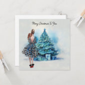 Frohe Weihnachtsfrau und blauer Weihnachtsbaum Karte (Vorderseite/Rückseite Beispiel)