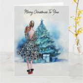 Frohe Weihnachtsfrau und blauer Weihnachtsbaum Karte (Gelbe Blume)