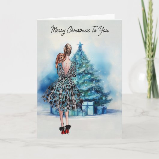 Frohe Weihnachtsfrau und blauer Weihnachtsbaum Karte (Vorderseite)