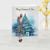 Frohe Weihnachtsfrau und blauer Weihnachtsbaum Karte (Gelbe Blume)