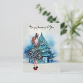 Frohe Weihnachtsfrau und blauer Weihnachtsbaum Postkarte (Stehend Vorderseite)