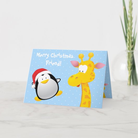 Frohe Weihnachtsfreund Niedlich Pinguin & Giraffe Feiertagskarte (Vorderseite)